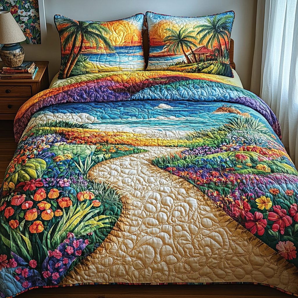 Paradise Shore quilted 3-piece bedding set on a made bed in a light coastal bedroom