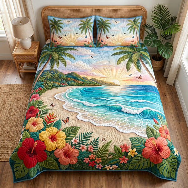Paradise Shore quilted 3-piece bedding set on a made bed in a light coastal bedroom