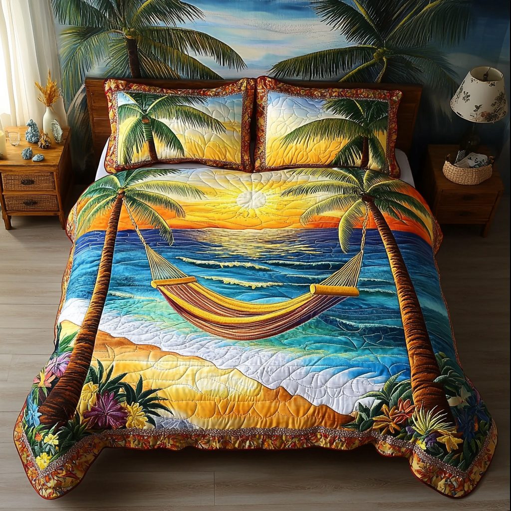 Paradise Sunrise quilted 3-piece bedding set on a made bed with two matching pillow shams