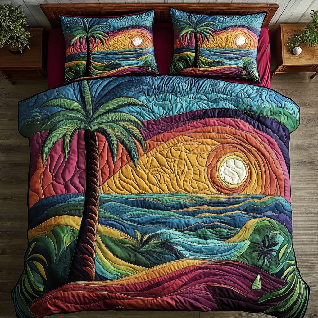 Paradise Views quilted 3-piece bedding set on a made bed with two matching pillow shams