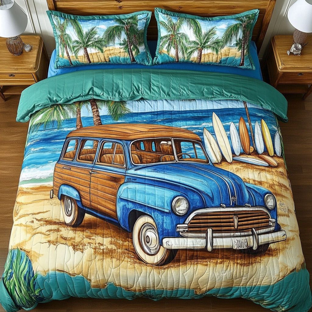 Paradise Wagon quilted 3-piece bedding set on a made bed with two matching pillow shams