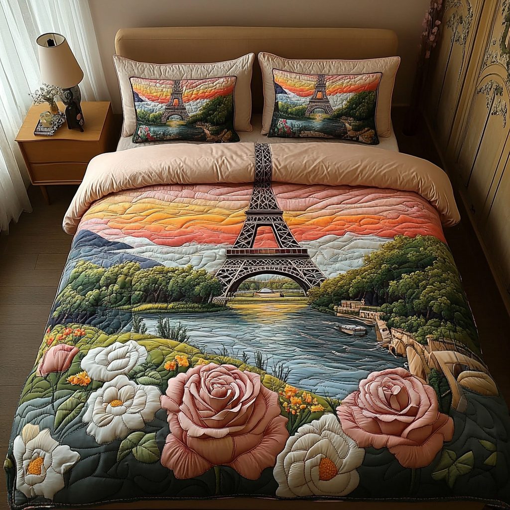 Paris Charm quilted 3-piece bedding set on a made bed with two matching pillow shams