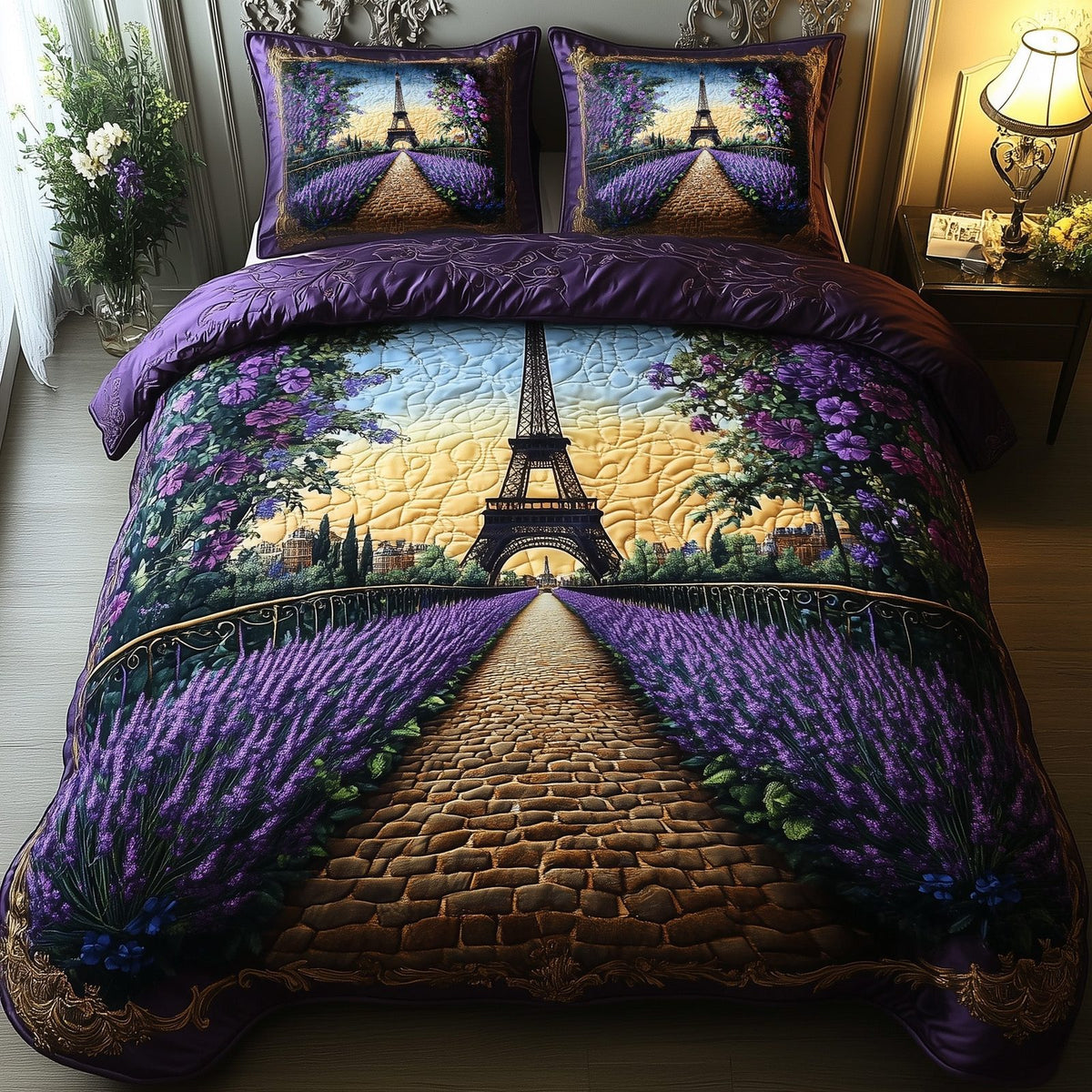 Paris Dreams quilted 3-piece bedding set on a made bed with two matching pillow shams