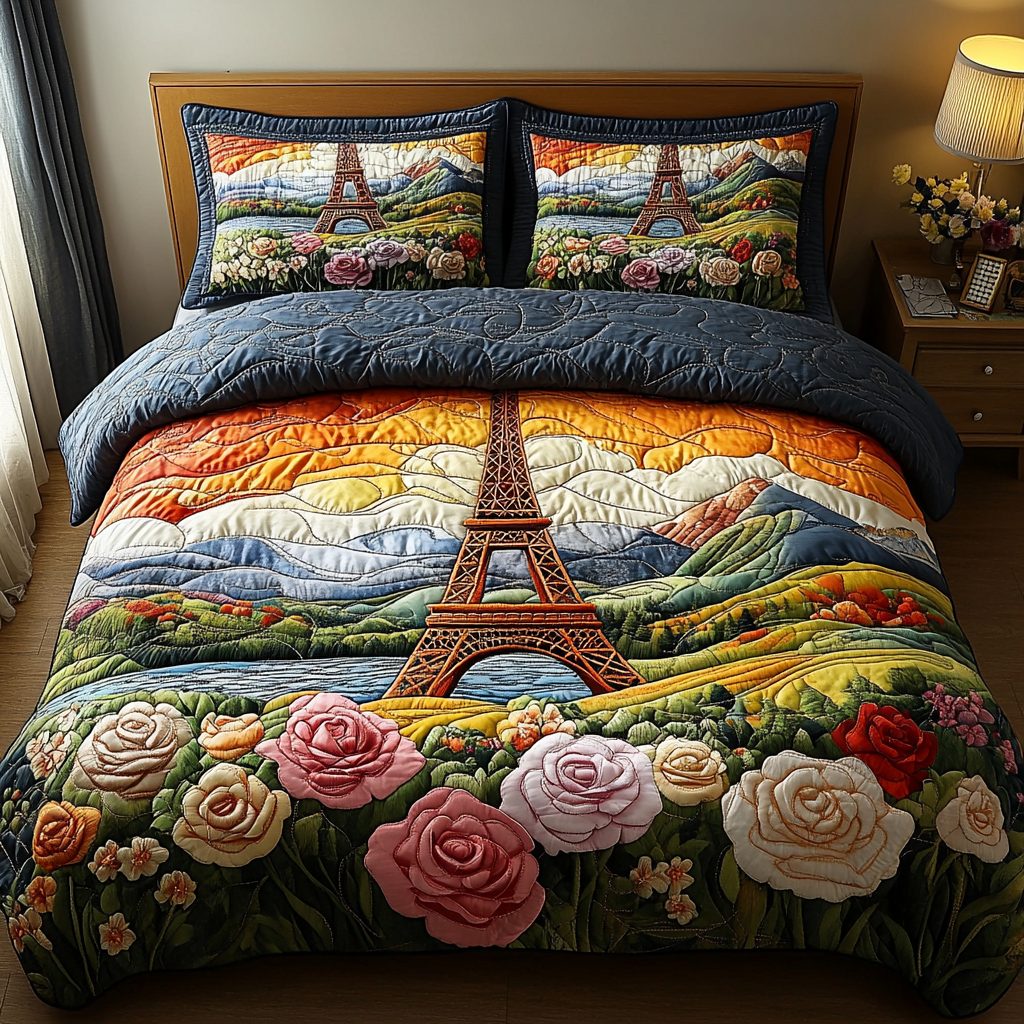 Paris Glow quilted 3-piece bedding set on a made bed with two matching pillow shams