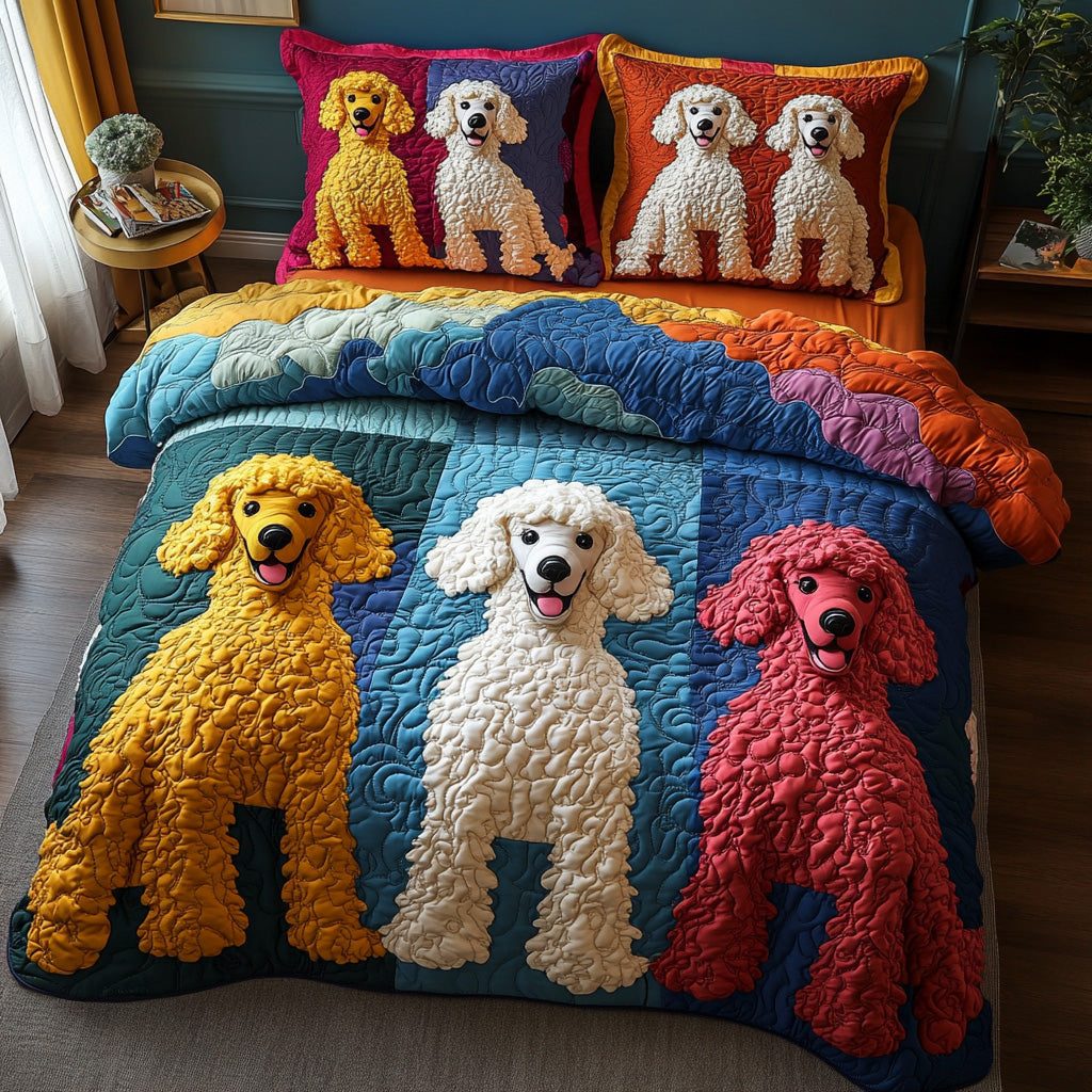 Paris Pup quilted 3-piece bedding set on a made bed with two matching pillow shams