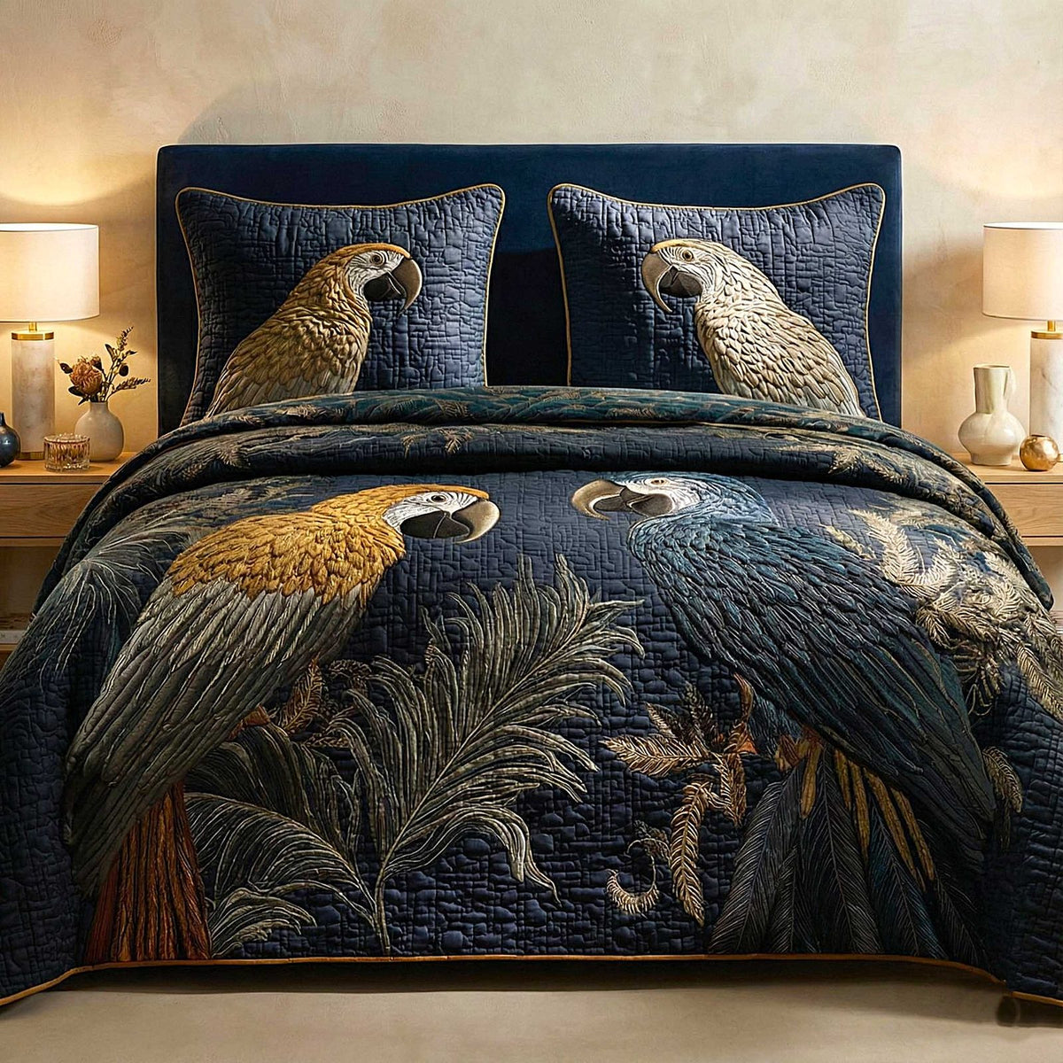 Parrot Love quilted 3-piece bedding set on a made bed with two matching pillow shams