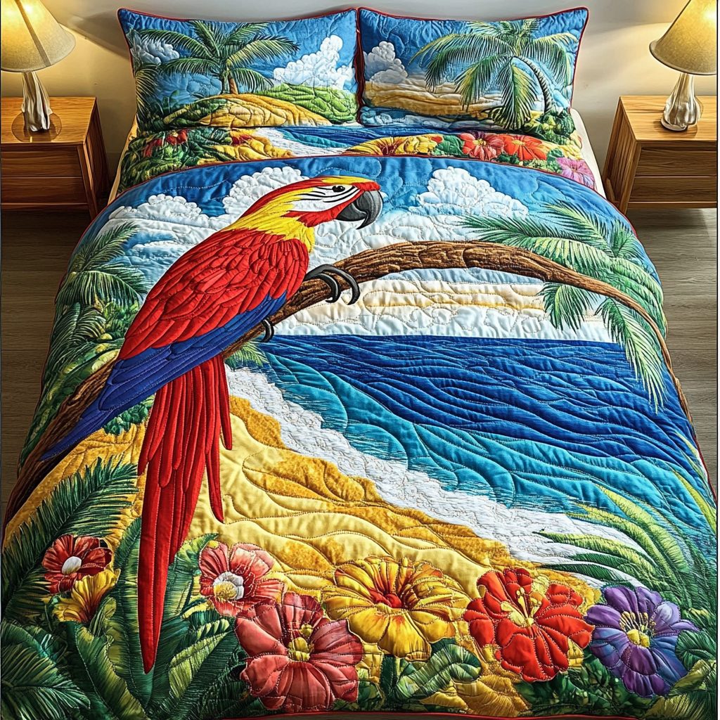 Parrot Paradise quilted 3-piece bedding set on a made bed with two matching pillow shams
