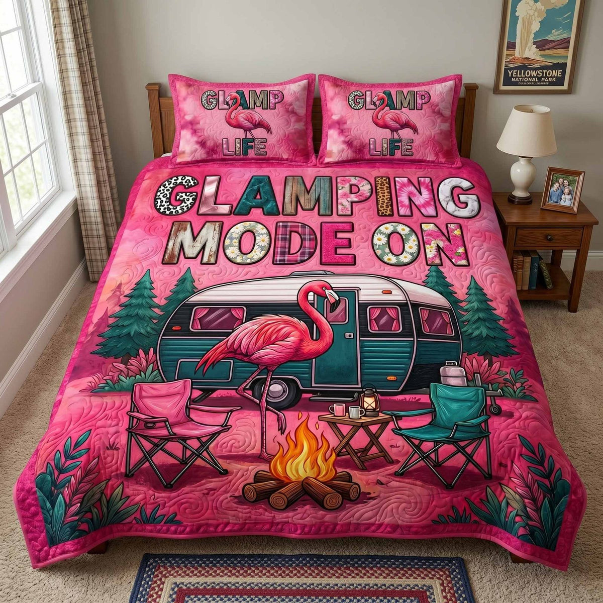 Party Trailer quilted 3-piece bedding set on a made bed with two matching pillow shams