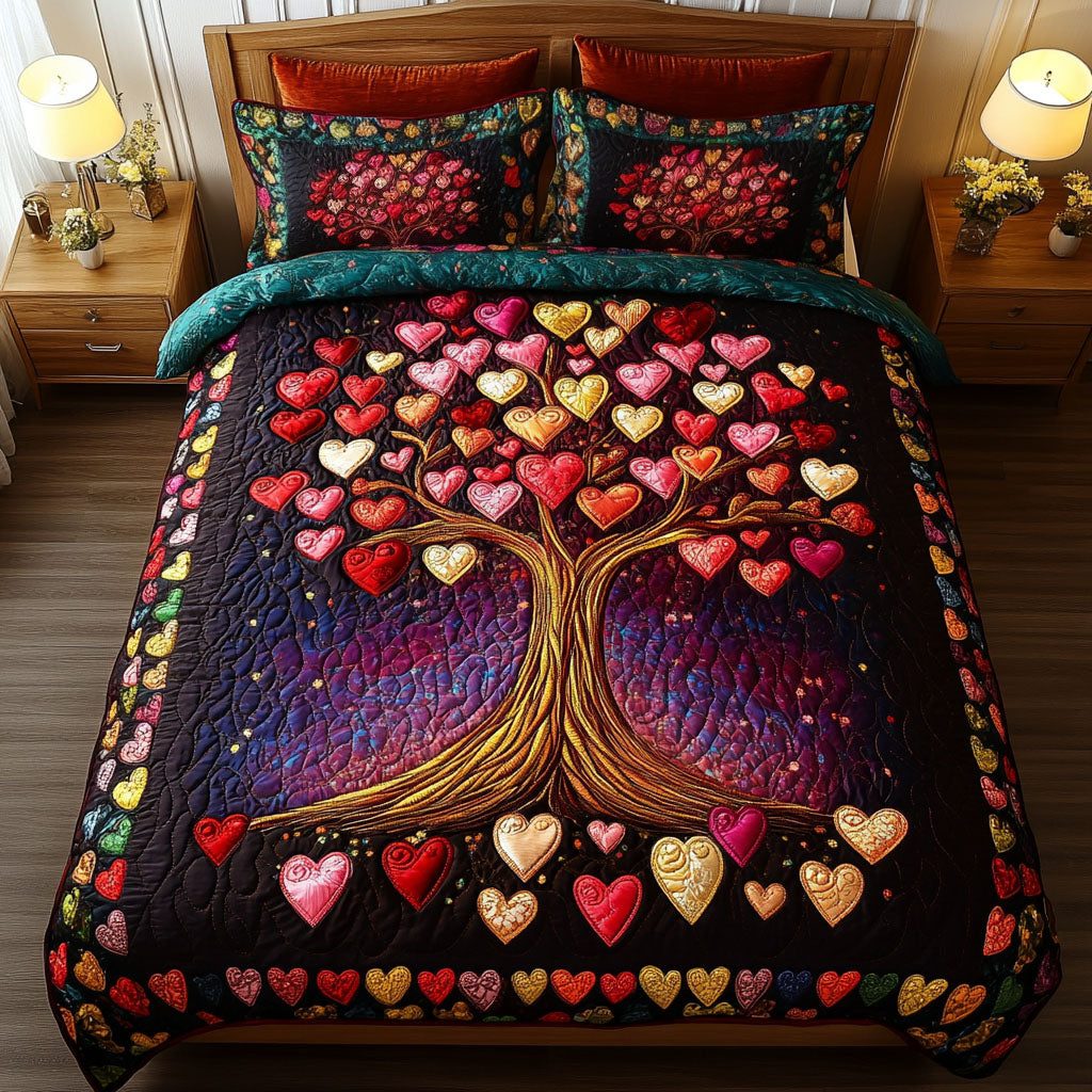 Passion Grove quilted 3-piece bedding set on a made bed with two matching pillow shams