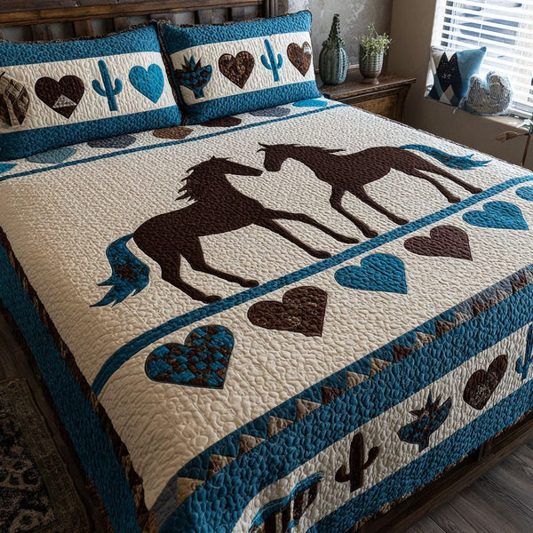Passion of the Plains quilted 3-piece bedding set on a made bed with two matching pillow shams