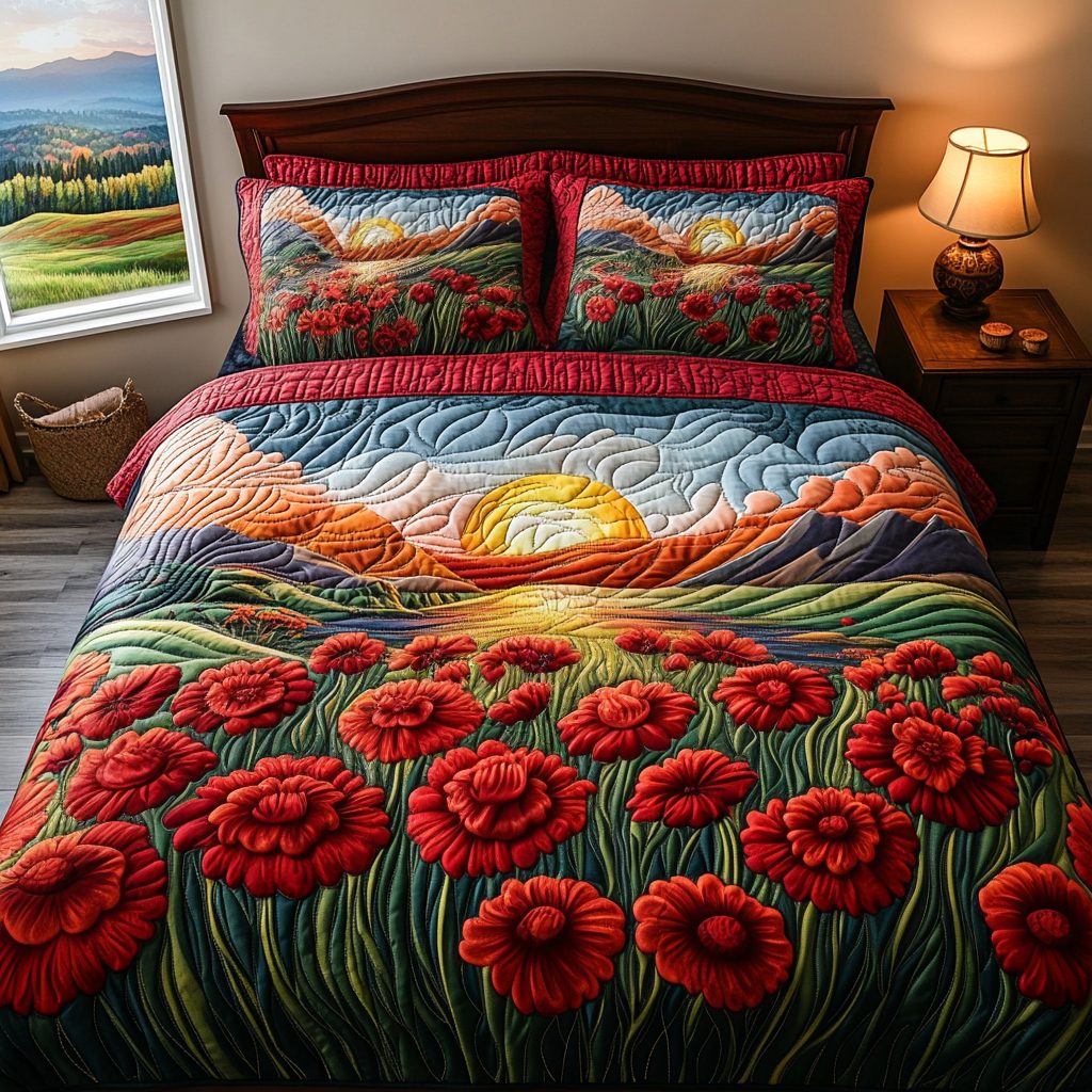 Passionate Red quilted 3-piece bedding set on a made bed with two matching pillow shams