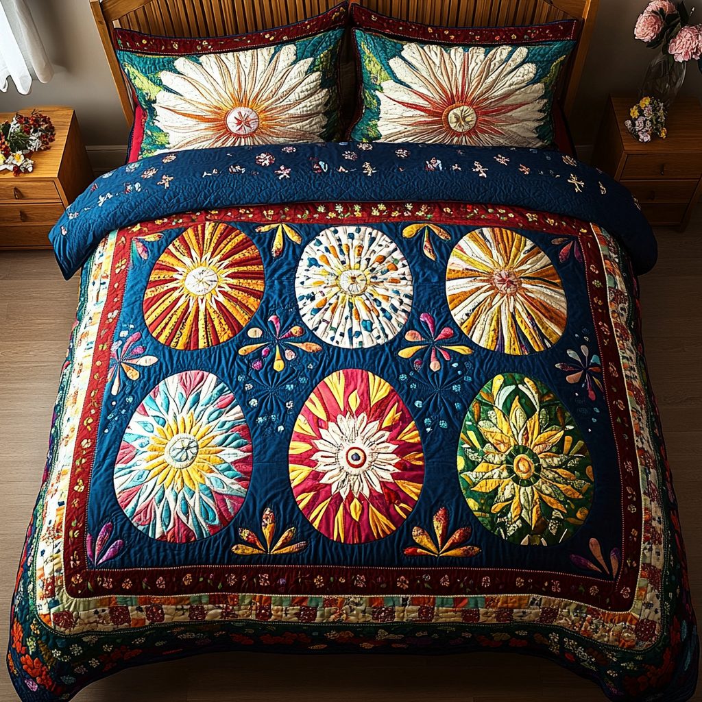 Pastel Eggs quilted 3-piece bedding set on a made bed with two matching pillow shams