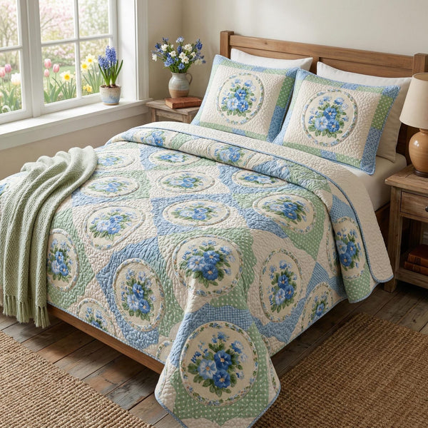 Pastel Garden quilted 3-piece bedding set on a made bed with two matching pillow shams