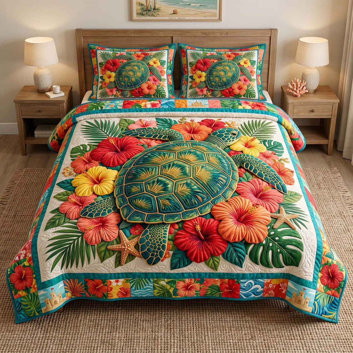 Pastel Turtle Path quilted 3-piece bedding set on a made bed in a light coastal bedroom