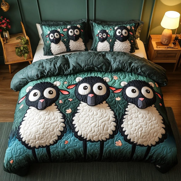 Pastoral Bliss quilted 3-piece bedding set on a made bed with two matching pillow shams