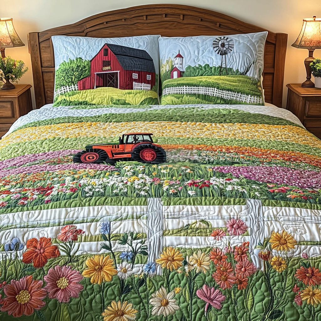 Pastoral Bliss quilted 3-piece bedding set on a made bed with two matching pillow shams