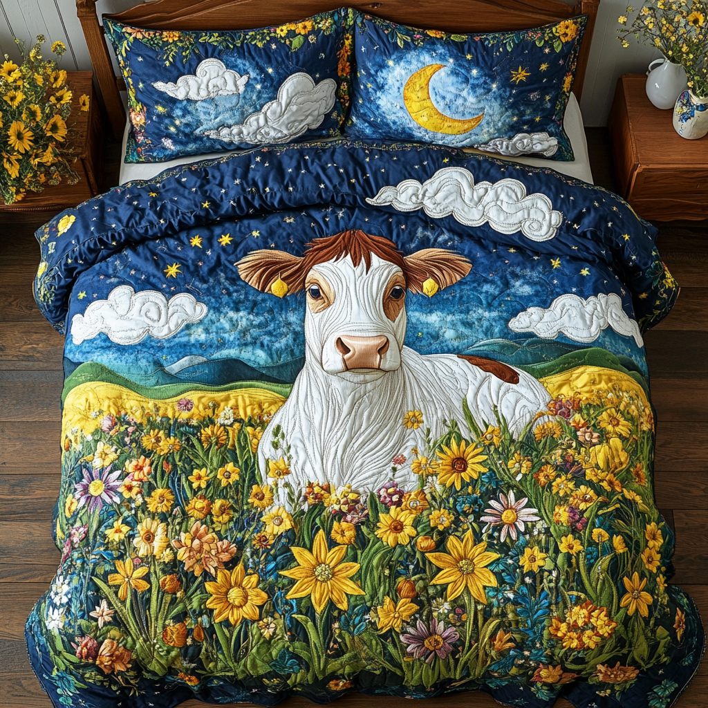 Pasture Bliss quilted 3-piece bedding set on a made bed with two matching pillow shams