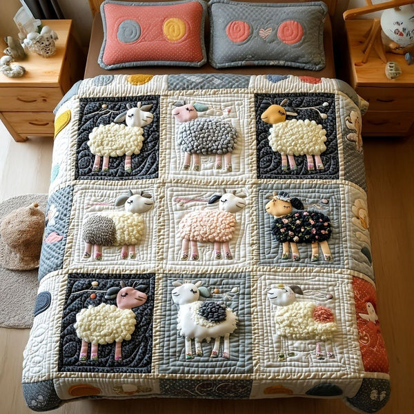 Pasture Bliss quilted 3-piece bedding set on a made bed with two matching pillow shams