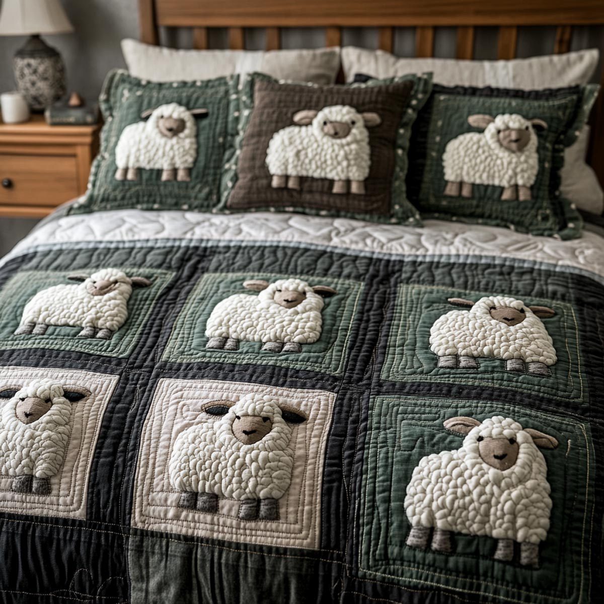 Pasture Calm quilted 3-piece bedding set on a made bed with two matching pillow shams