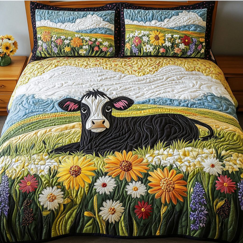 Pasture Dream quilted 3-piece bedding set on a made bed with two matching pillow shams