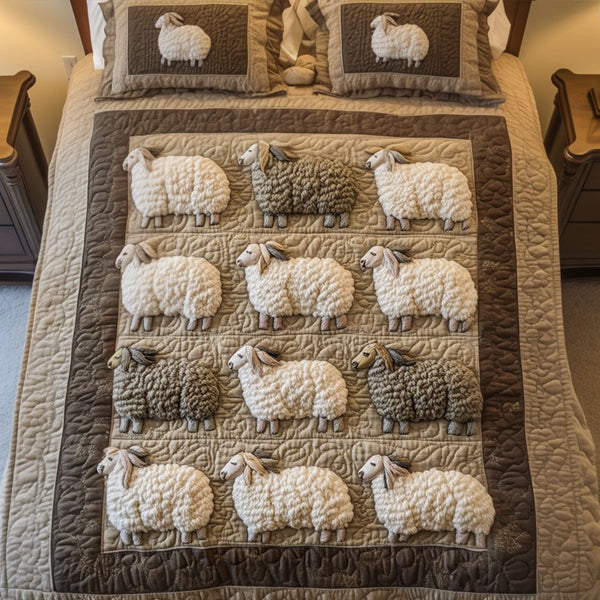 Pasture Harmony quilted 3-piece bedding set on a made bed with two matching pillow shams
