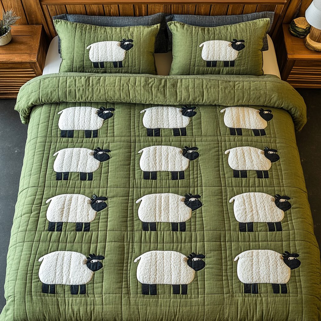 Pasture Serenity quilted 3-piece bedding set on a made bed with two matching pillow shams