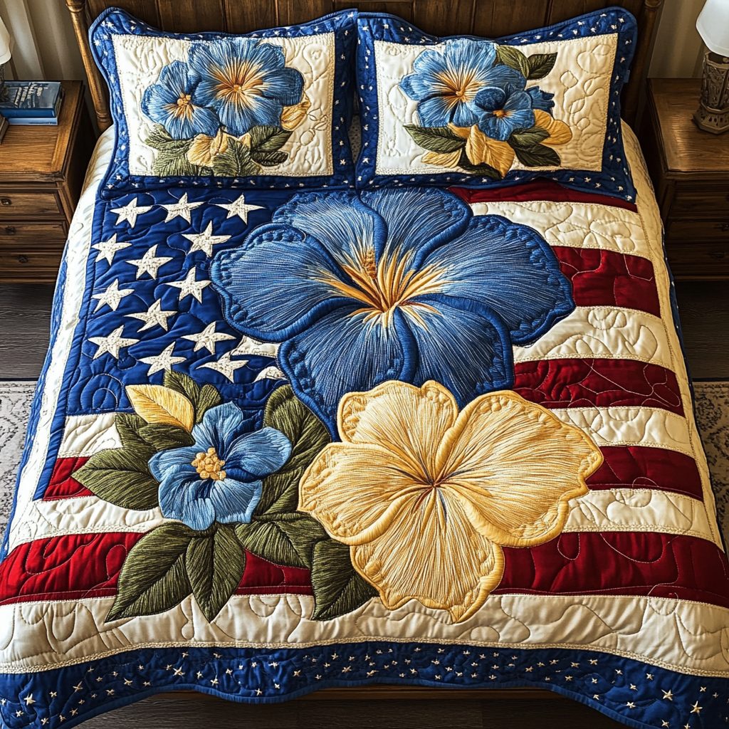 Patch Petals quilted 3-piece bedding set on a made bed with two matching pillow shams