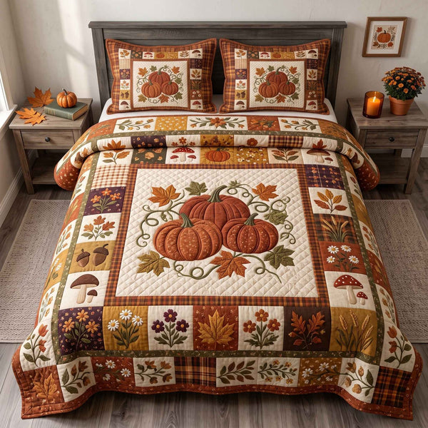 Patchwork Autumn Bliss quilted 3-piece bedding set on a made bed in a farmhouse bedroom
