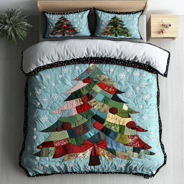 Patchwork Christmas Cheer quilted 3-piece bedding set on a made bed in a winter-styled bedroom