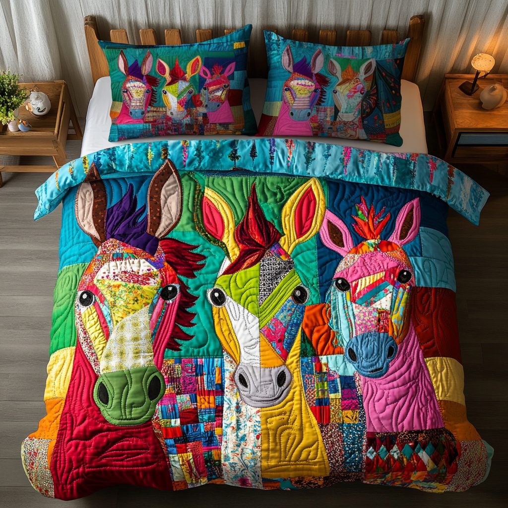 Patchwork Delight quilted 3-piece bedding set on a made bed in a farmhouse bedroom