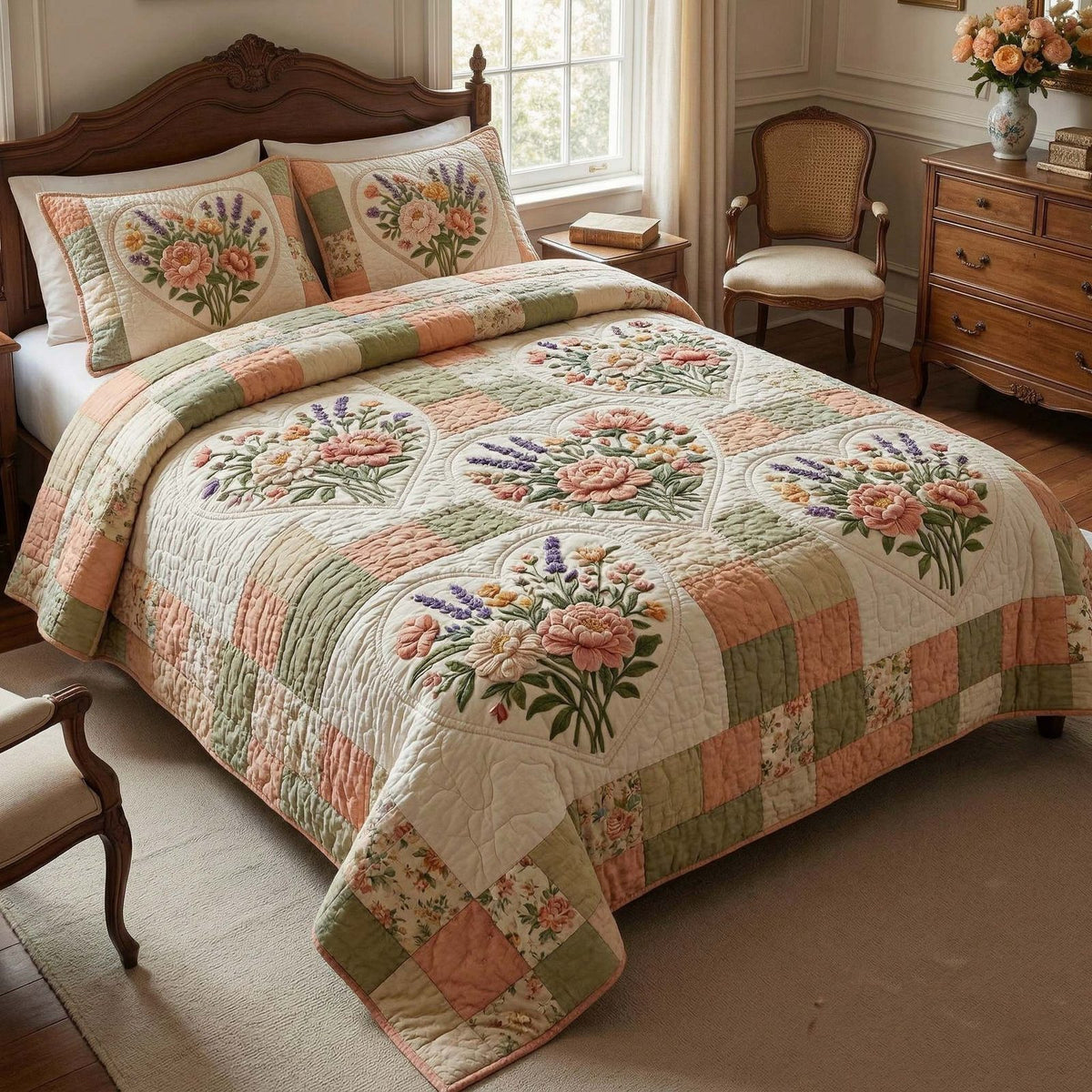 Patchwork Garden quilted 3-piece bedding set on a made bed in a farmhouse bedroom