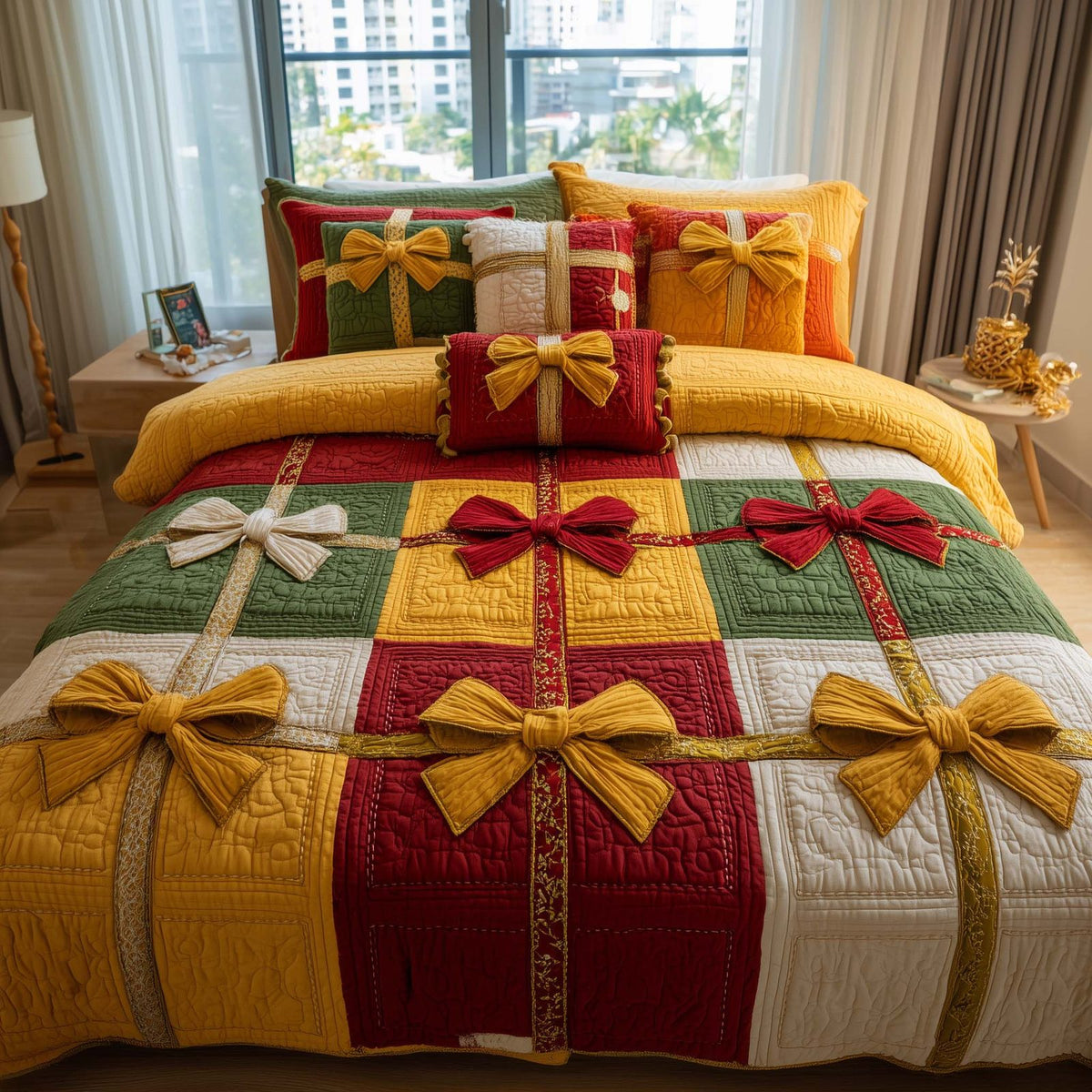Patchwork Gifts quilted 3-piece bedding set on a made bed in a farmhouse bedroom