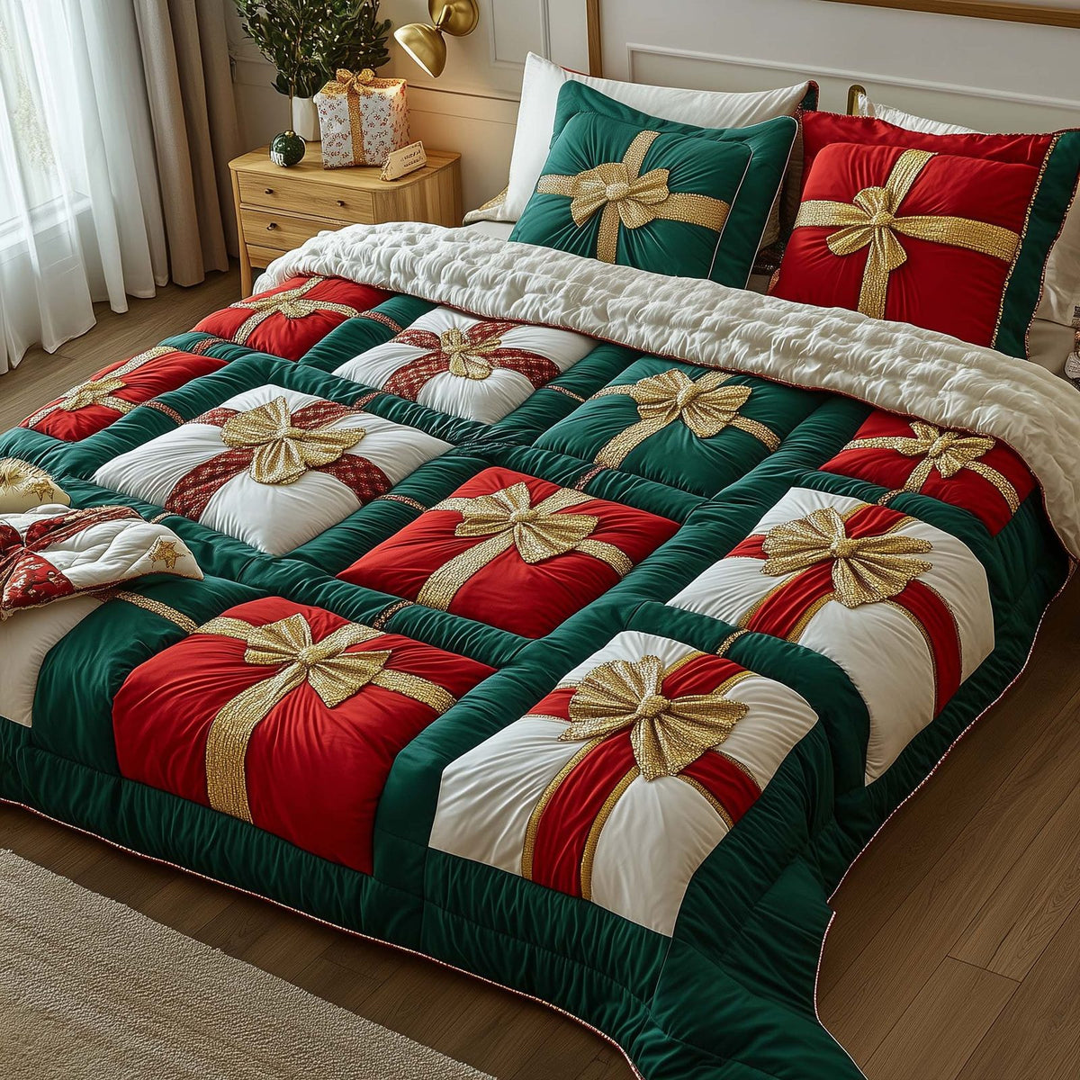 Patchwork Gifts quilted 3-piece bedding set on a made bed in a farmhouse bedroom