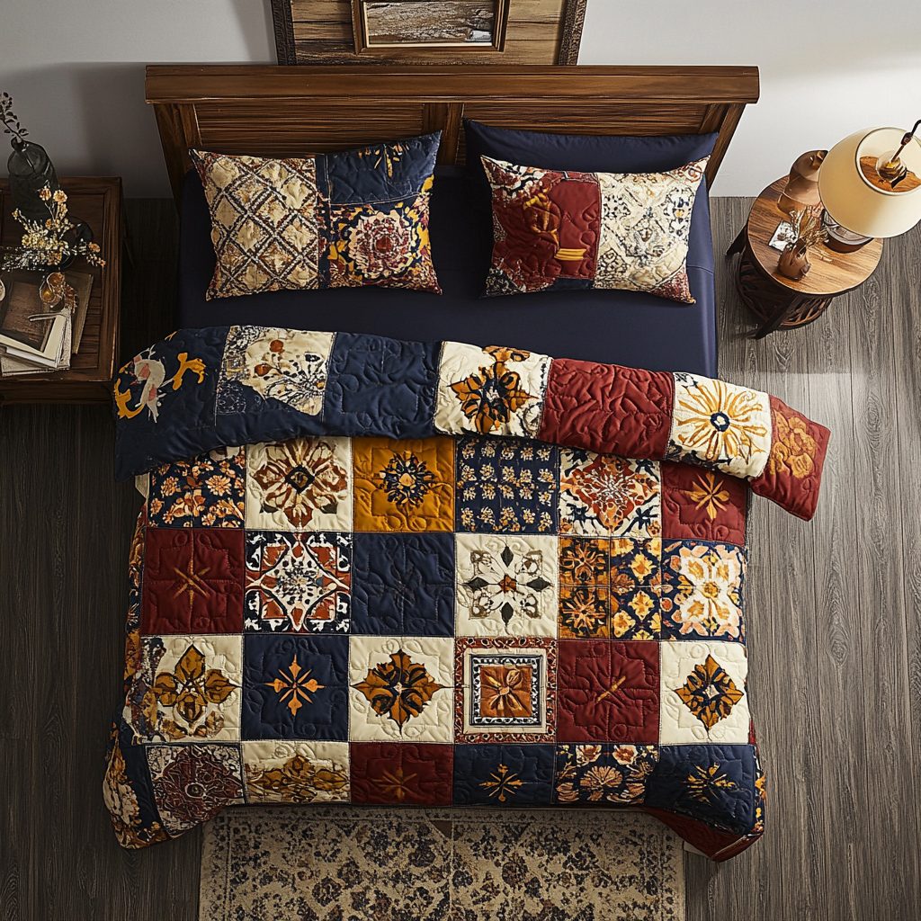 Patchwork Harmony quilted 3-piece bedding set on a made bed in a farmhouse bedroom