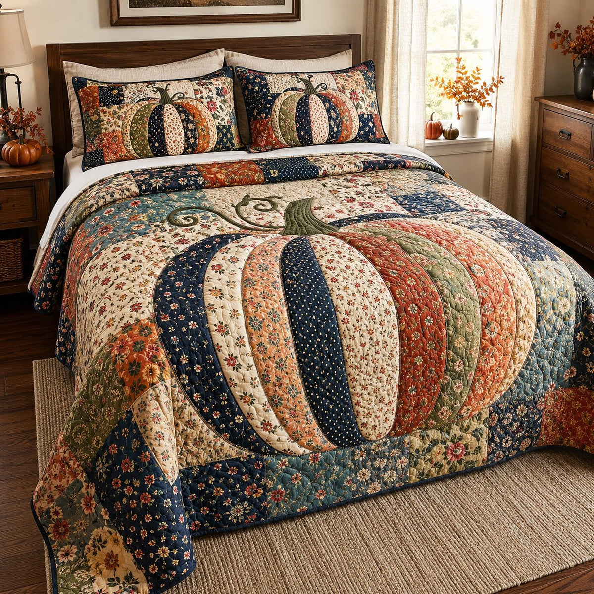 Patchwork Harvest quilted 3-piece bedding set on a made bed in a farmhouse bedroom