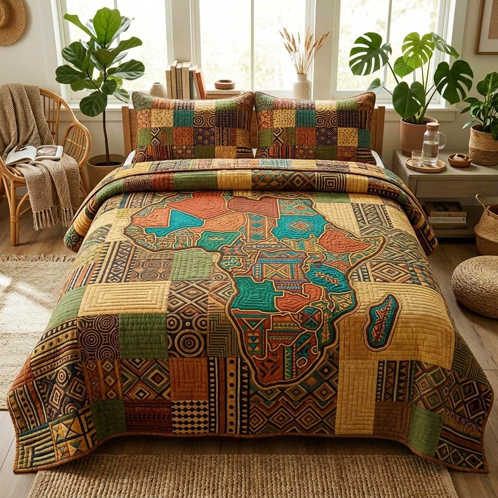 Patchwork Map quilted 3-piece bedding set on a made bed in a farmhouse bedroom