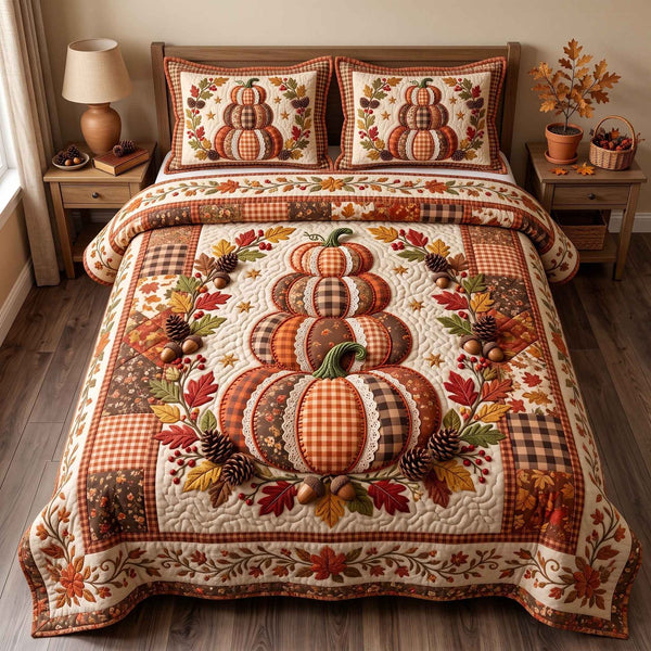 Patchwork Pumpkin Patch quilted 3-piece bedding set on a made bed against a dark styled interior
