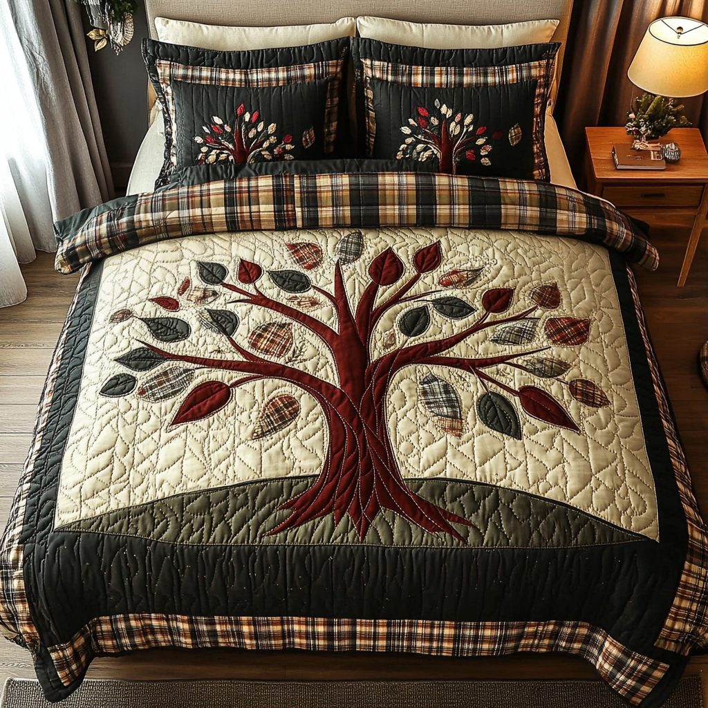 Patchwork Roots quilted 3-piece bedding set on a made bed in a farmhouse bedroom