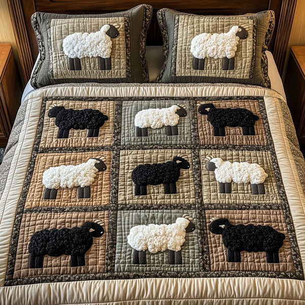 Patchwork Sheep quilted 3-piece bedding set on a made bed in a farmhouse bedroom