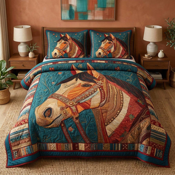 Patchwork Stallion quilted 3-piece bedding set on a made bed in a rustic timber bedroom