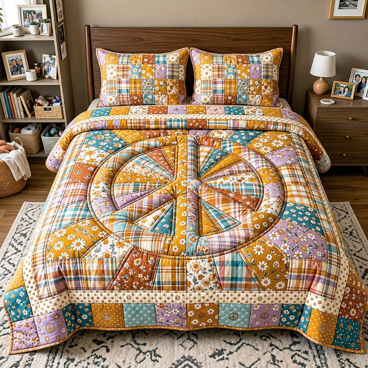 Patchwork Unity quilted 3-piece bedding set on a made bed in a farmhouse bedroom