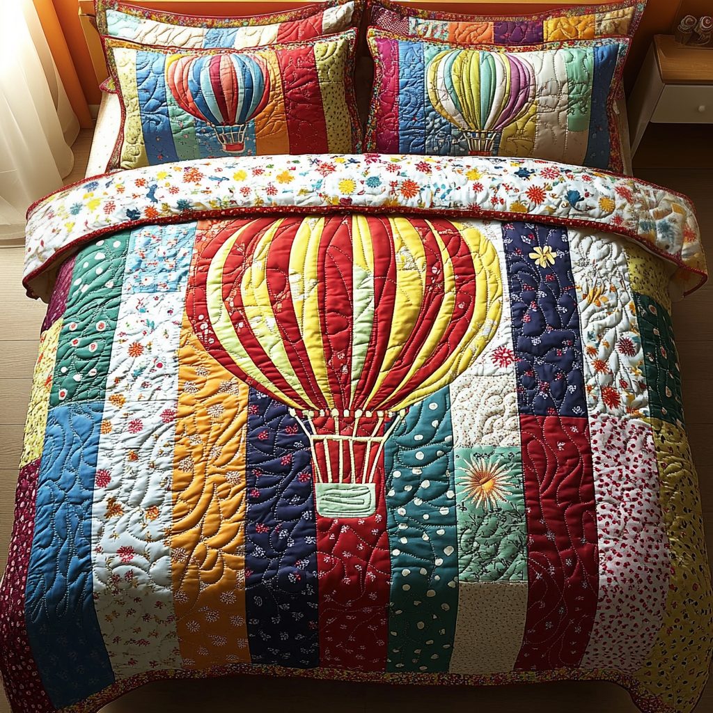 Patchwork Voyage quilted 3-piece bedding set on a made bed in a farmhouse bedroom