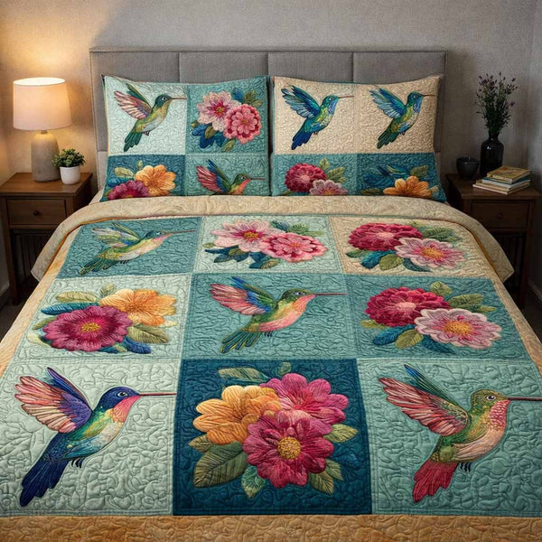 Patchwork Wings quilted 3-piece bedding set on a made bed in a farmhouse bedroom