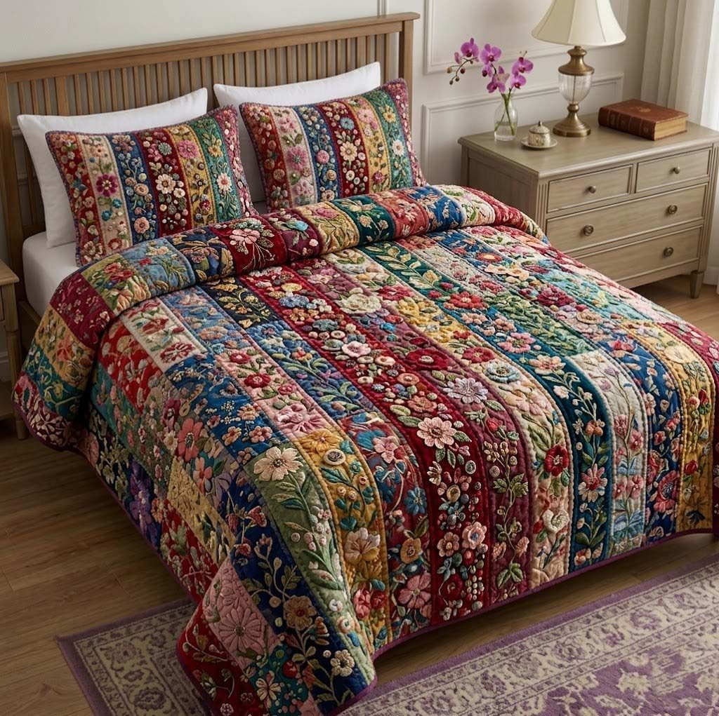 Patchy Bloom quilted 3-piece bedding set on a made bed with two matching pillow shams