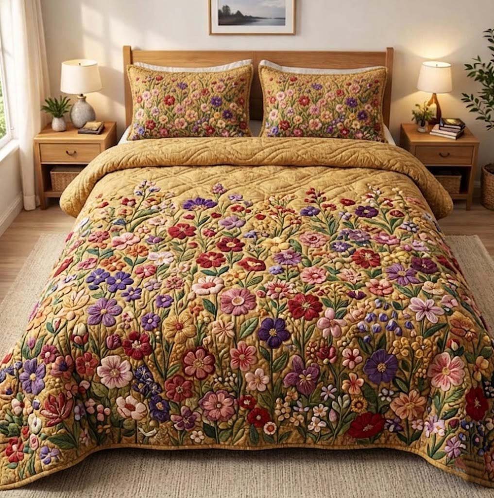 Patchy Bloom quilted 3-piece bedding set on a made bed with two matching pillow shams