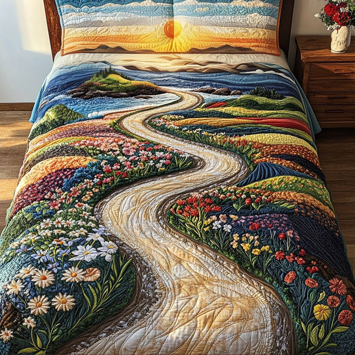 Path to Paradise quilted 3-piece bedding set on a made bed with two matching pillow shams