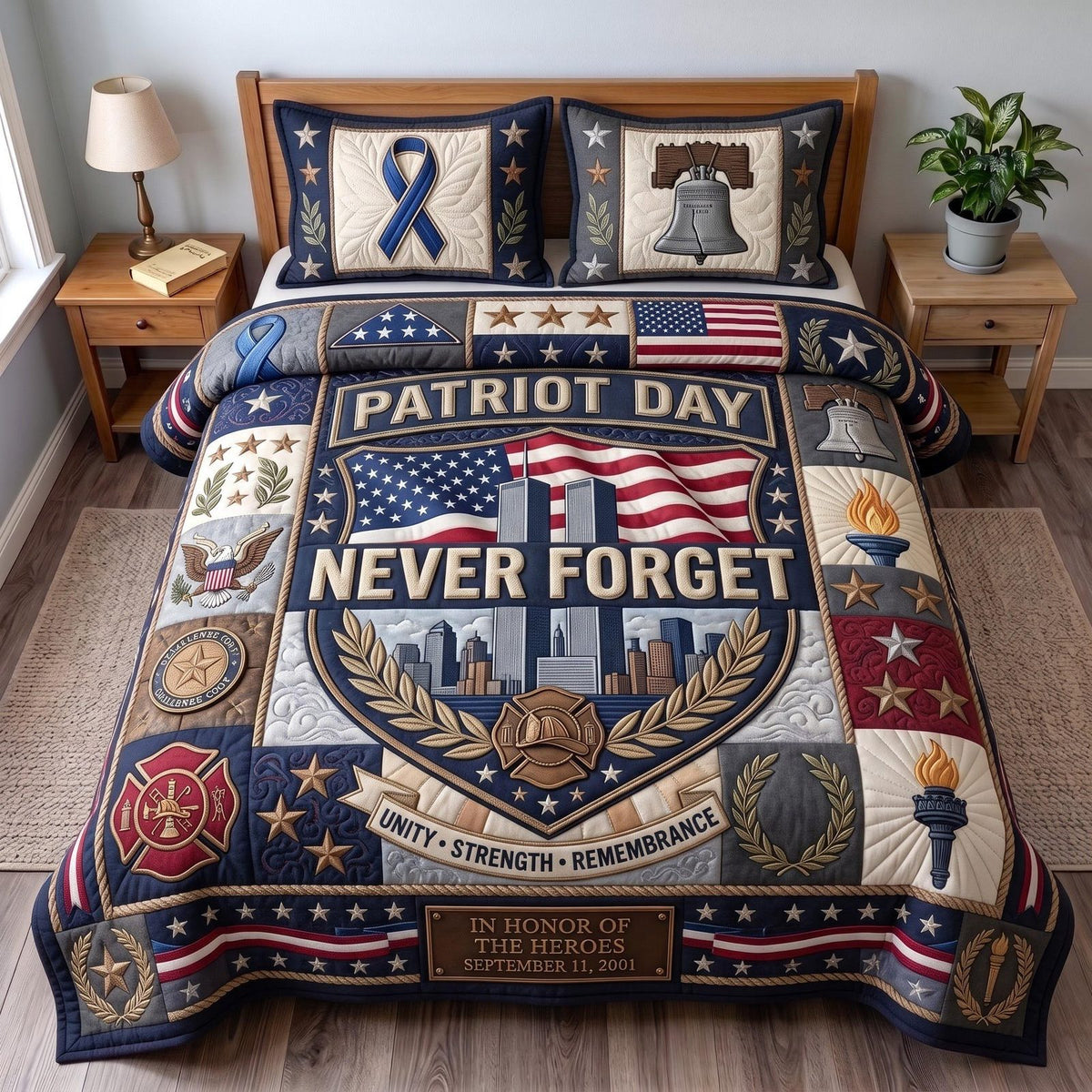 Patriot Day quilted 3-piece bedding set on a made bed in a warmly lit bedroom