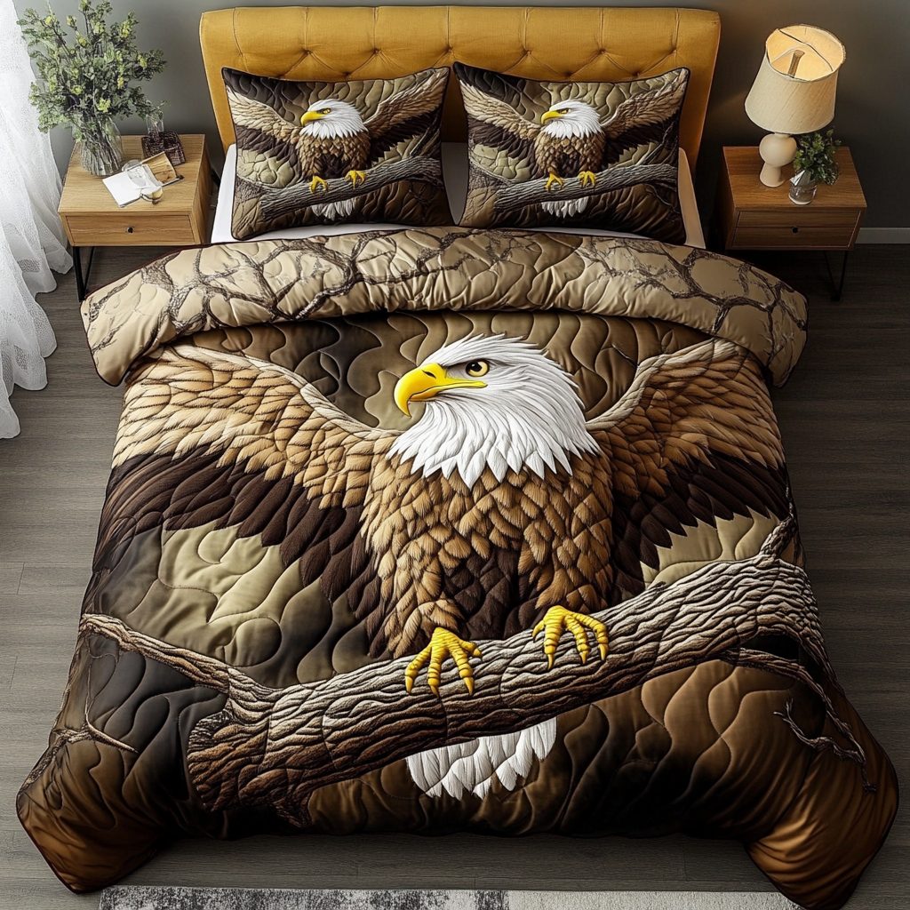 Patriot Eagle quilted 3-piece bedding set on a made bed in a warmly lit bedroom