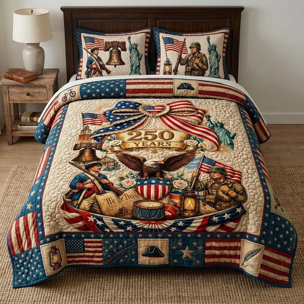 Patriot Legacy quilted 3-piece bedding set on a made bed in a warmly lit bedroom