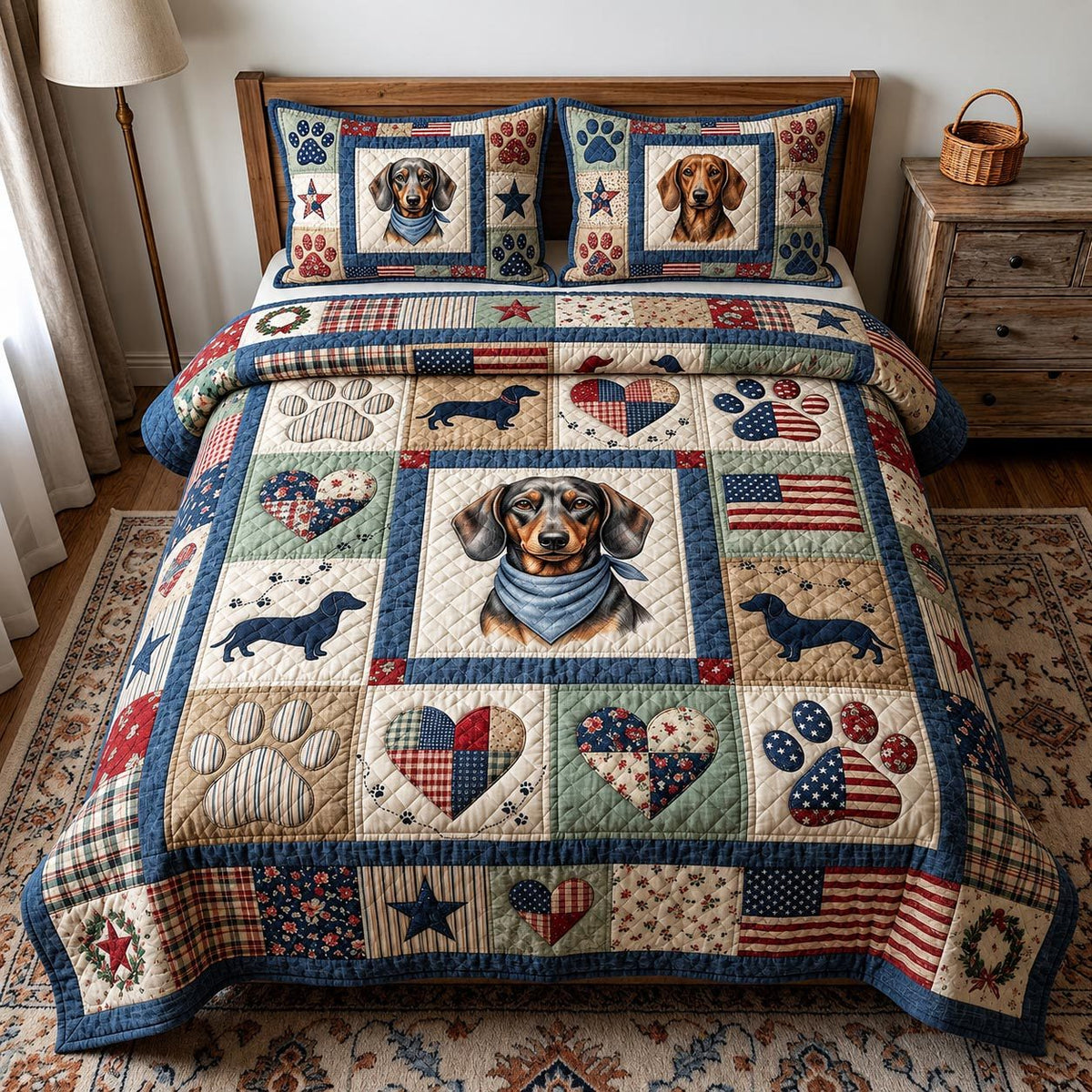 Patriot Pup quilted 3-piece bedding set on a made bed in a warmly lit bedroom